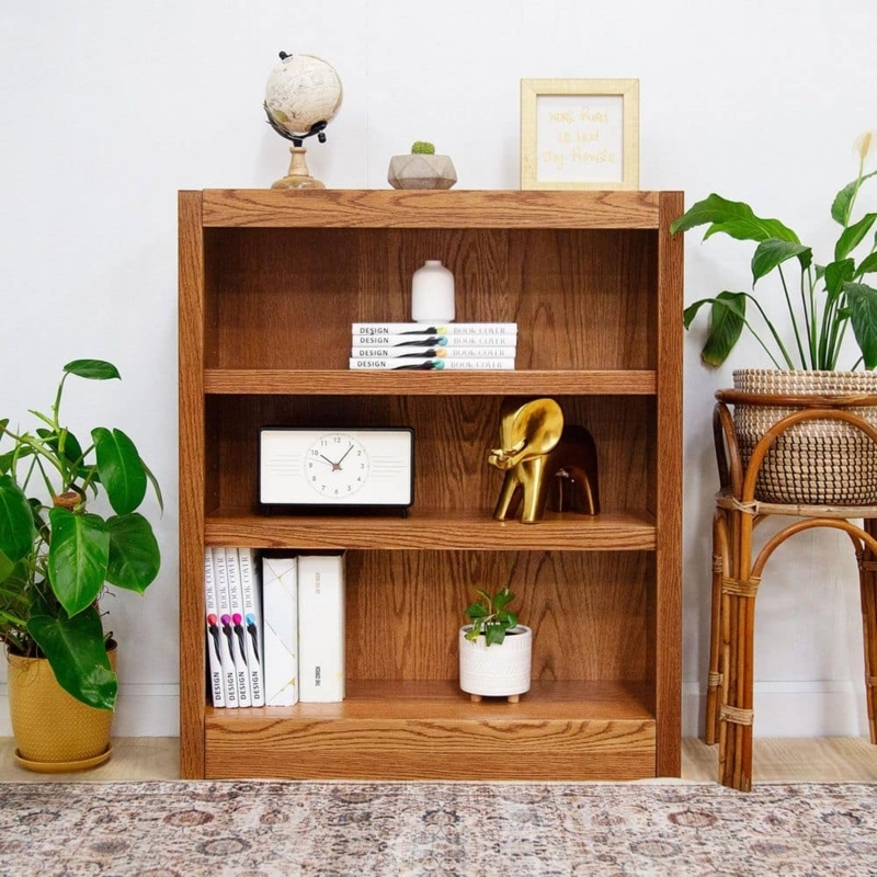 Bookcase Dry Oak Finish Three Shelf Wood Bookshelf