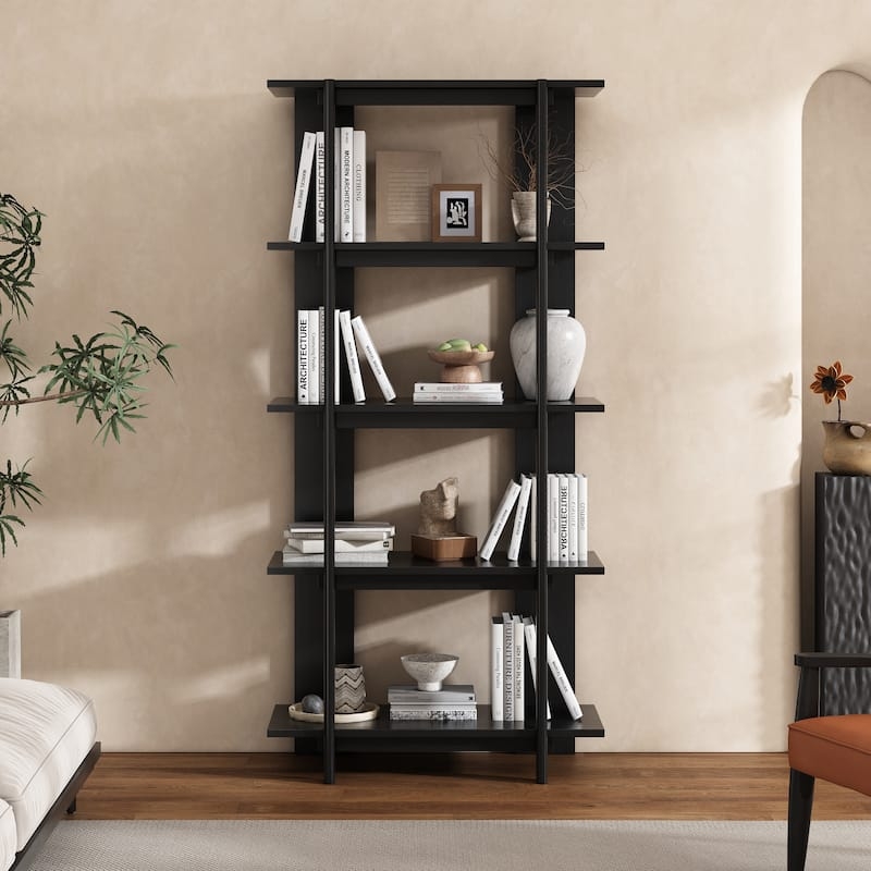 Bookcase Ebonized Frame Two Tone Wood Four Tier Open Back