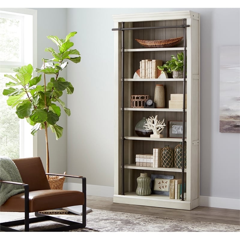 Bookcase Eight Feet Tall Aged White Fluted Pilasters Traditional Style