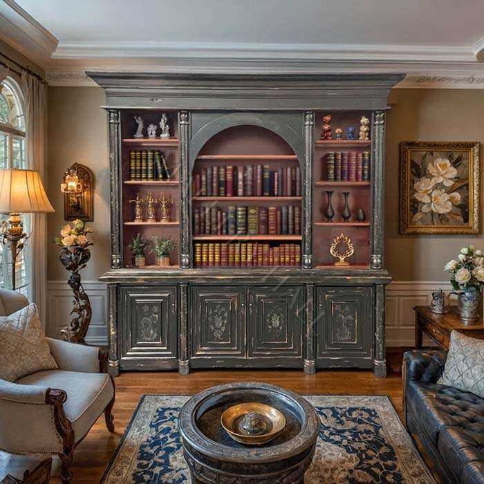Bookcase English Tudor Style with Arched Top and Fluted Pilasters