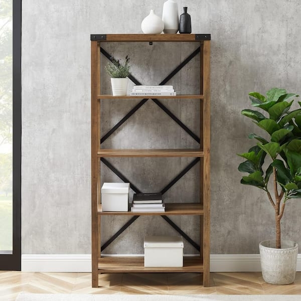 Bookcase Etagere Silhouette Rustic Oak Farmhouse Style X-Back Frame