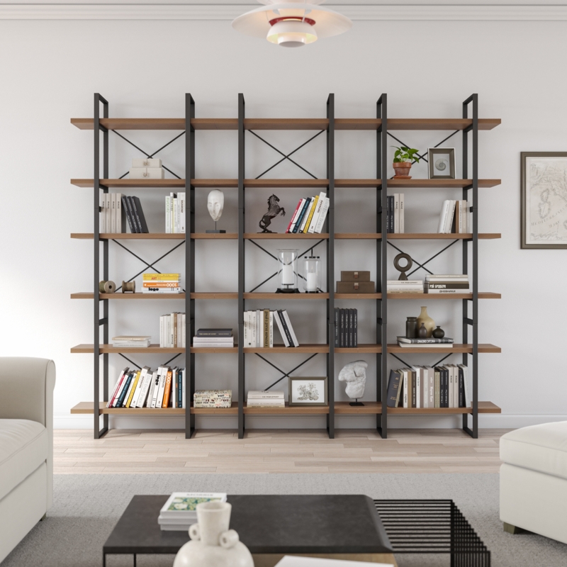 Bookcase Extra Wide Staggered Cubby Layout Walnut Finish Contemporary