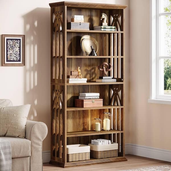 Bookcase Farmhouse Brown Open Frame Sides Rustic 6-Shelf