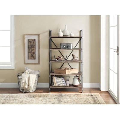 Bookcase Five-Shelf Design Crown Molding Closed Back White Transitional