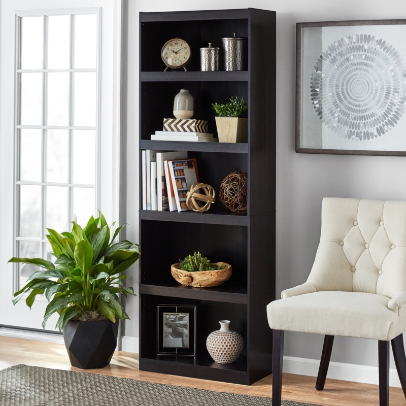 Bookcase Five Tier Height Espresso Finish Adjustable Shelves