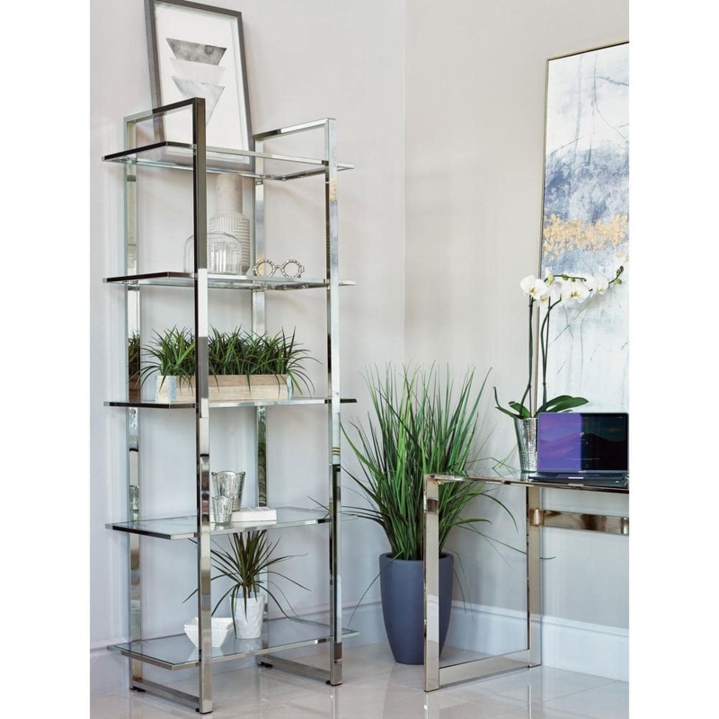 Bookcase, Five-Tier Polished Chrome Glass, Modern Open Shelving