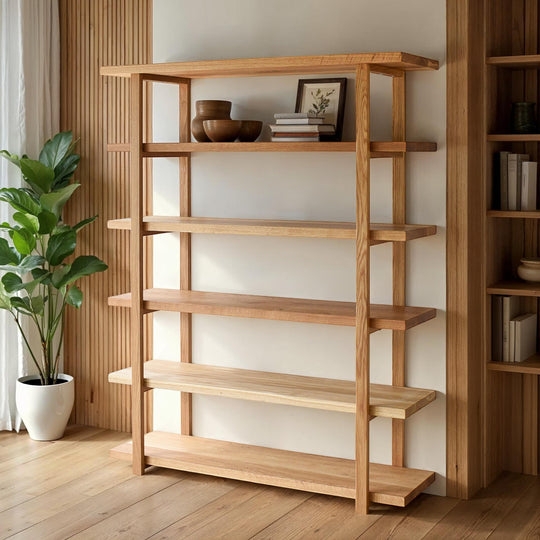 Bookcase Floor To Ceiling Natural Oak Grain Rustic Modern Wood Shelving