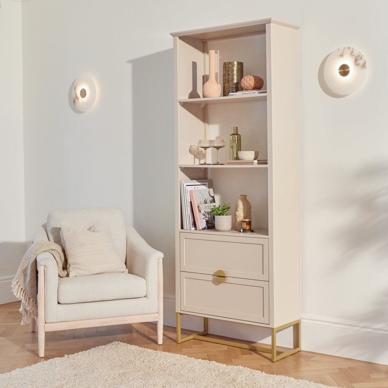 Bookcase, Fluted Cabinet Doors, Gold Frame, Modern Glam.