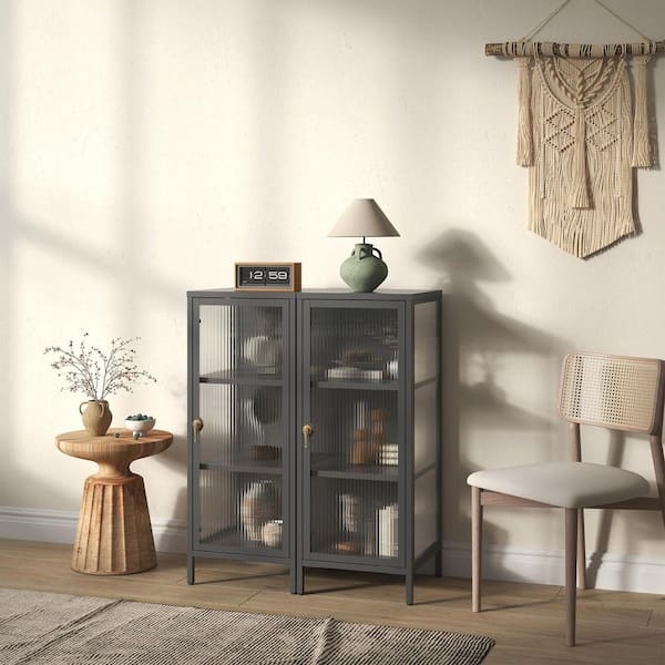 Bookcase Fluted Clear Door Minimalist Black Metal Contemporary Glam