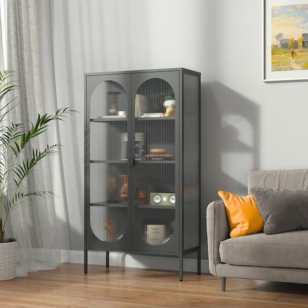 Bookcase Fluted Glass Two Doors Industrial Chic Home Office Storage