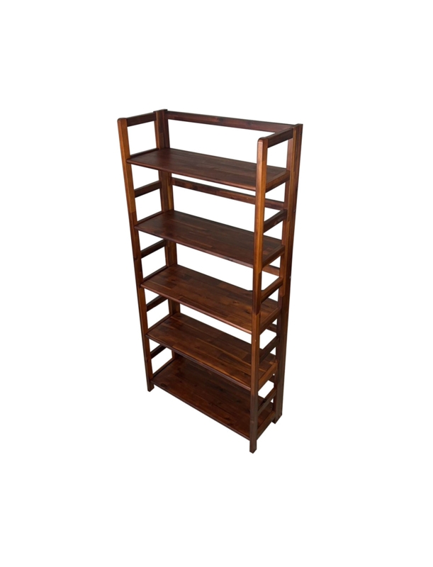 Bookcase Folding Frame Five Tier Mahogany Wood Slatted Sides