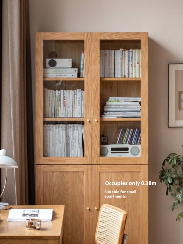 Bookcase Four-Door Design Glass Doors Vertical Slats Modern Wood