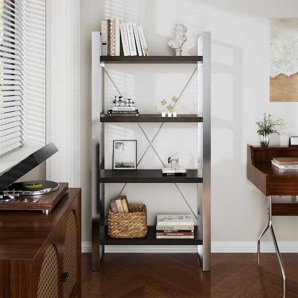 Bookcase Four-Tier 70 Inch Height Brushed Silver Minimalist Display