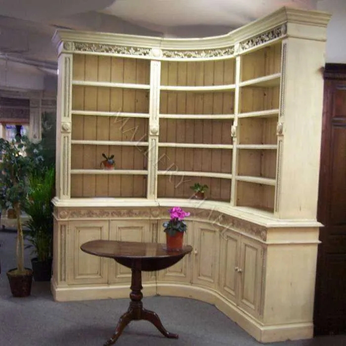Bookcase French Country with Rolling Ladder and Carved Crown Molding