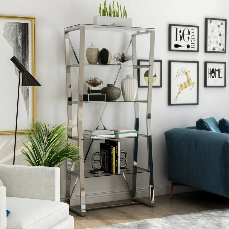 Bookcase, Gold Finish Geometric Sides, Contemporary Glass Five-Tier