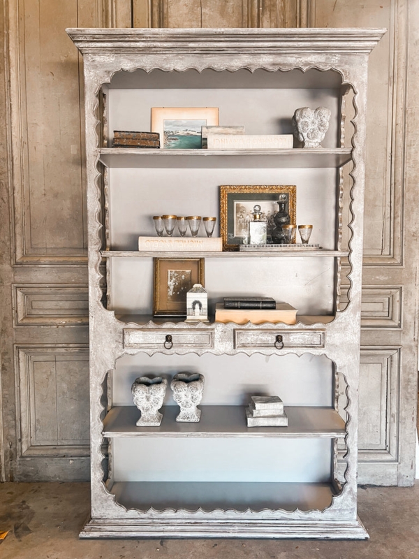 Bookcase Hand Carved Pillars with Distressed Greige Finish