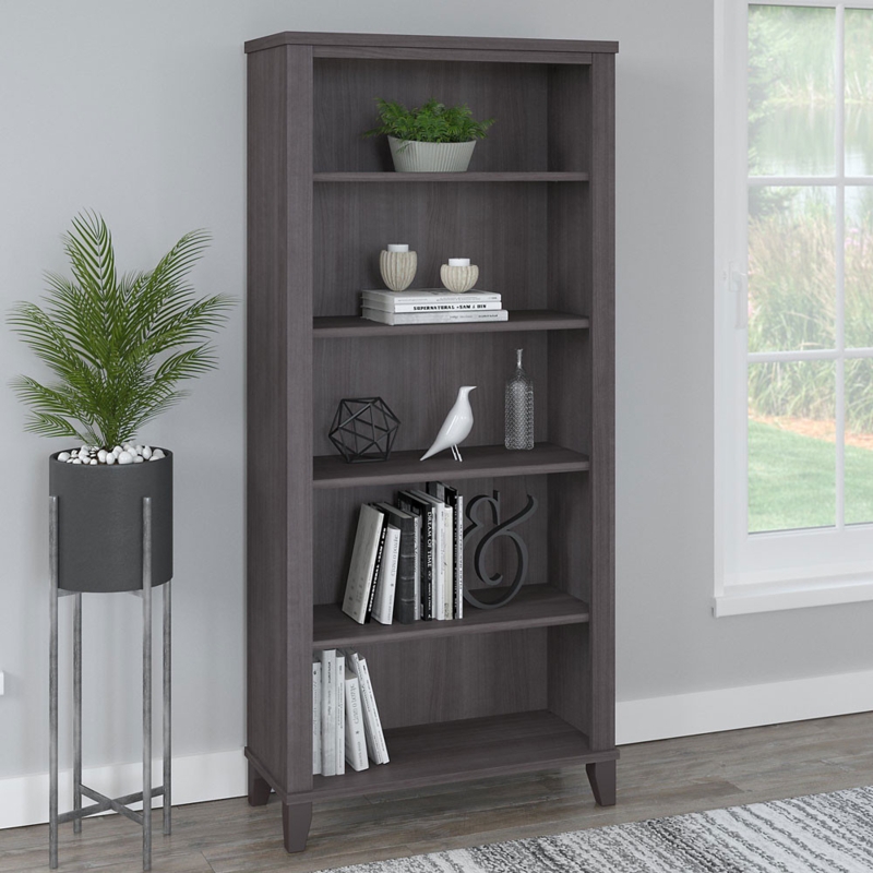 Bookcase in Storm Gray Finish with Tapered Legs Transitional Style