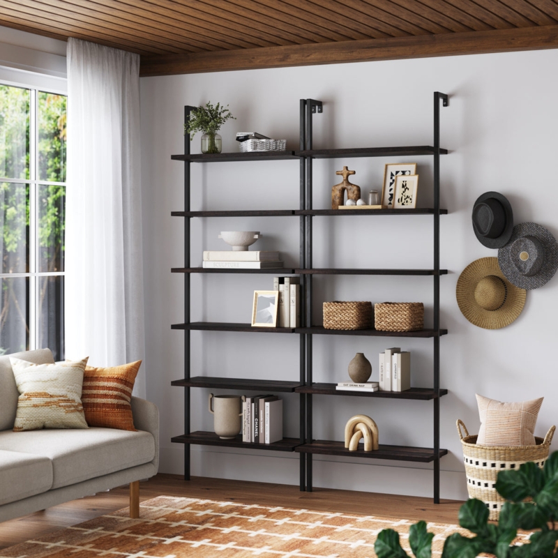 Bookcase Industrial Nutmeg Wood and Black Metal Etagere X-Brace