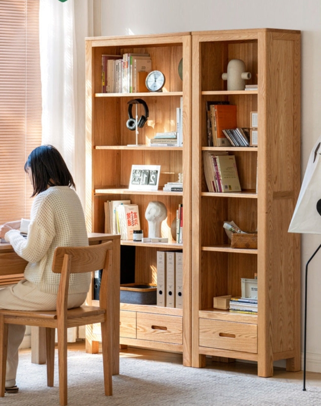 Bookcase Integrated Drawers Recessed Handles Light Oak Finish