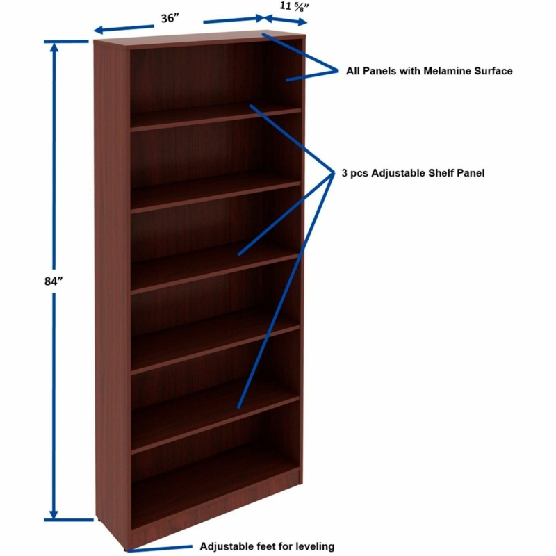 Bookcase Mahogany Finish Leveling Feet Six Shelf Library Storage Unit