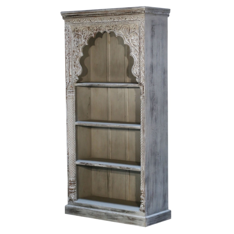 Bookcase Moorish Arch with Geometric Carvings and Distressed Gray Finish