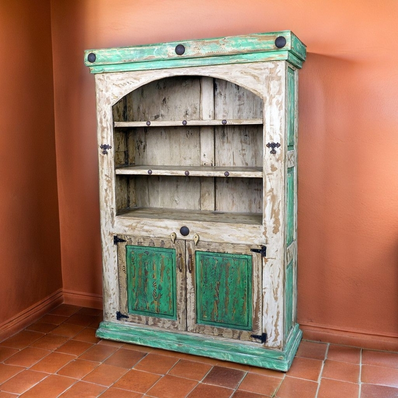Bookcase Narrow Profile with Distressed Finish and Green Accents