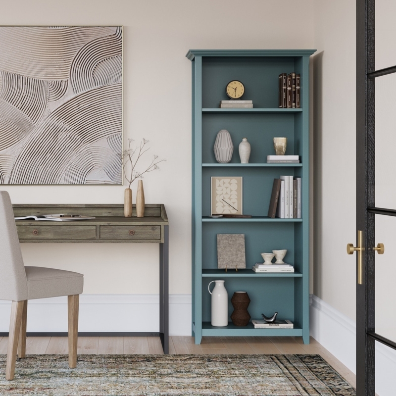 Bookcase Navy Blue Finish With Classic Crown Molding Five Shelves