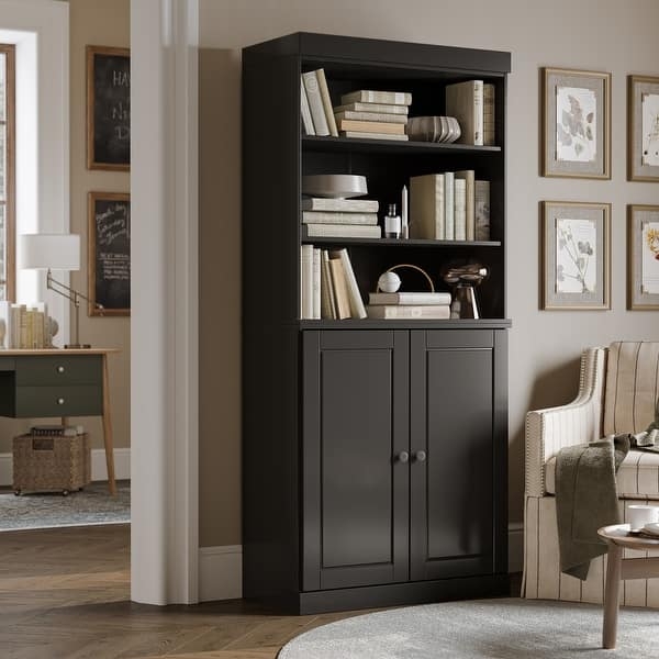 Bookcase Navy Blue Solid Wood With Bottom Cabinet Doors