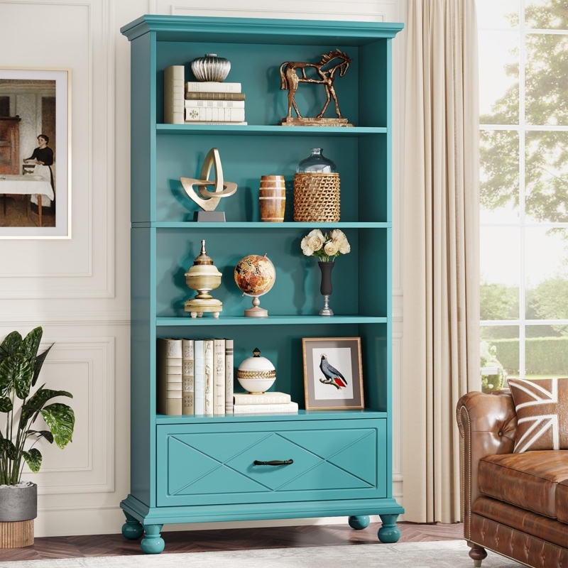 Bookcase Ocean Blue Mid-Century Modern Drawer Splayed Legs