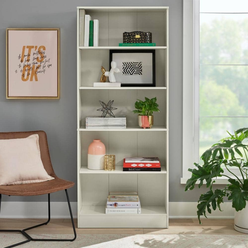 Bookcase Off-White Hue Five-Tiers Adjustable Shelves Tall Unit
