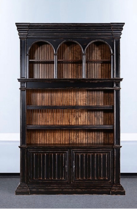 Bookcase Old World Distressed Black Cathedral Arch Open Shelving