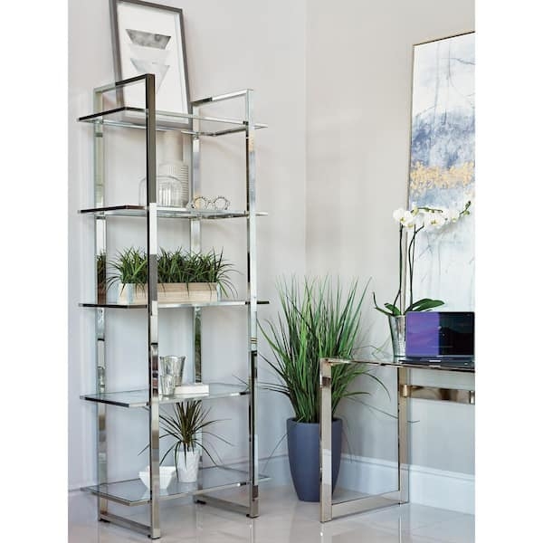 Bookcase Polished Chrome Clear Glass Shelves Six-Tier X-Back Brace