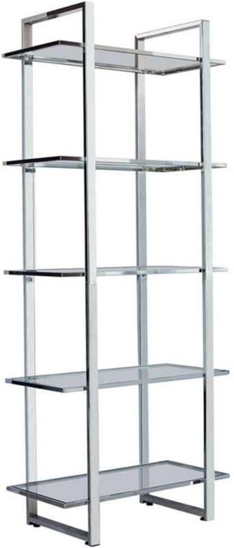 Bookcase, Polished Chrome X-Back Brace, Five-Tier Tempered Glass