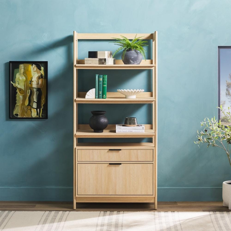 Bookcase Reeded Drawer Fronts Coastal Oak Finish Open Back Design