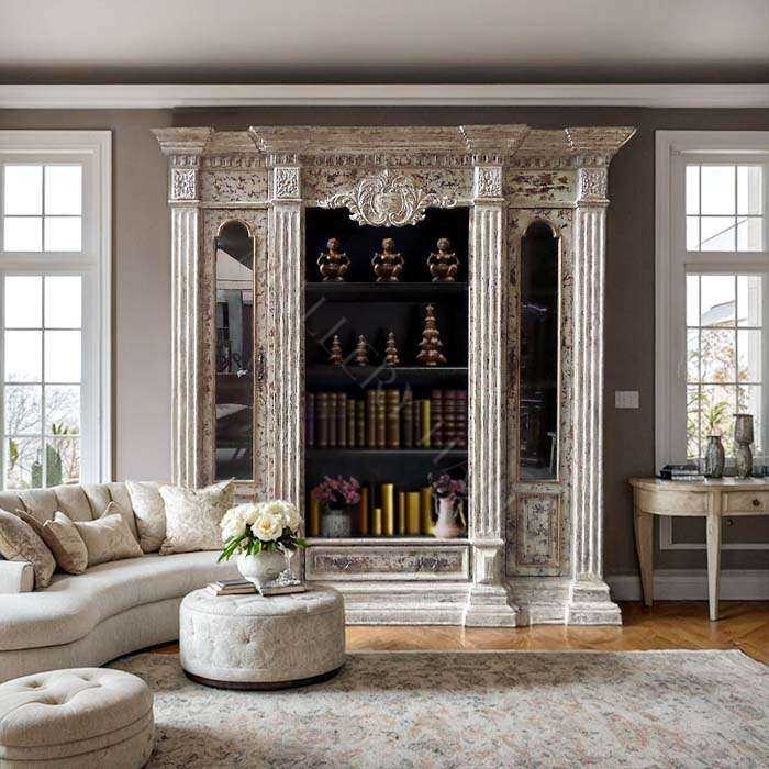 Bookcase Renaissance Style with Ornate Carvings and Dark Wood Finish