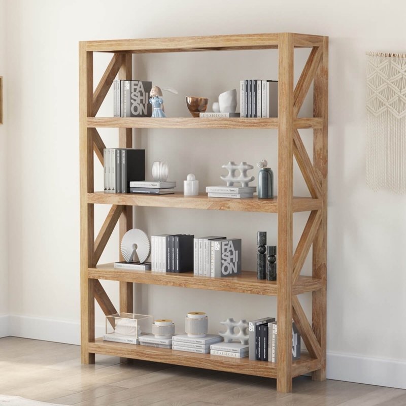 Bookcase Rustic Farmhouse Dark Wood Crown Molding X-Frame