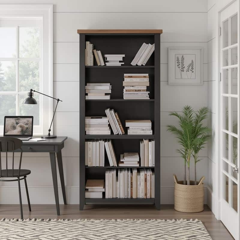 Bookcase Sage Green Farmhouse Two-Tone Finish 5-Tier Open Back
