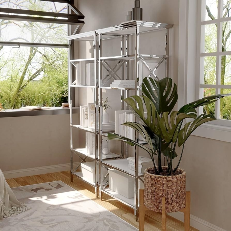 Bookcase Set Marble Pattern Shelves X-Brace Polished Elegant Display