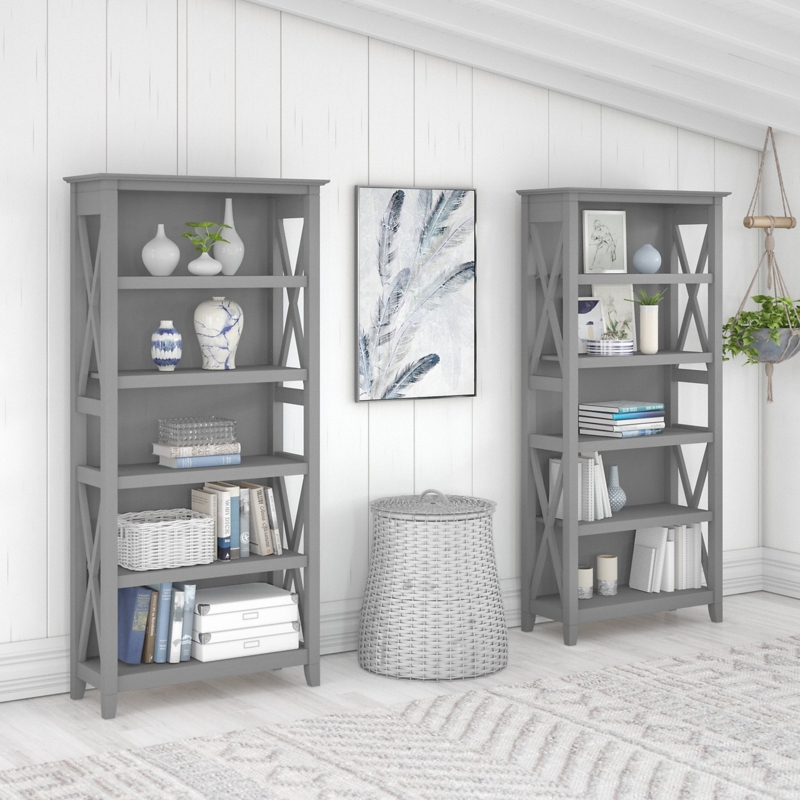 Bookcase Set of Two, Coastal Farmhouse Style with X-Brace Sides