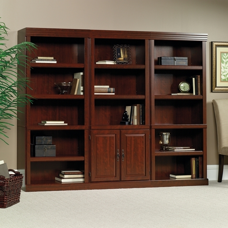 Bookcase Set Triple Unit Configuration Dark Wood Crown Molding