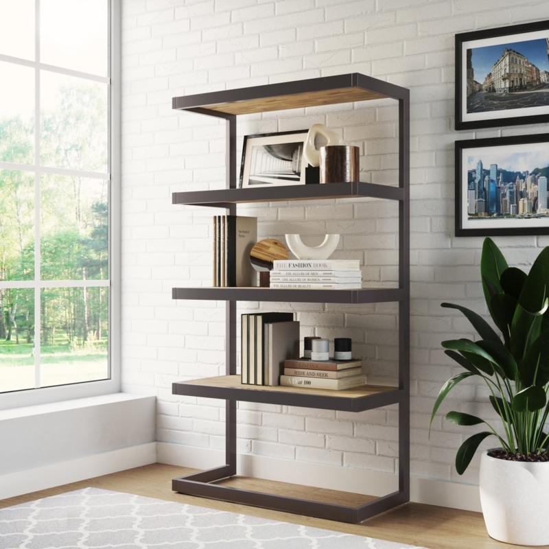 Bookcase Six Shelves Warm Grey Wood Tapered Legs Mid Century