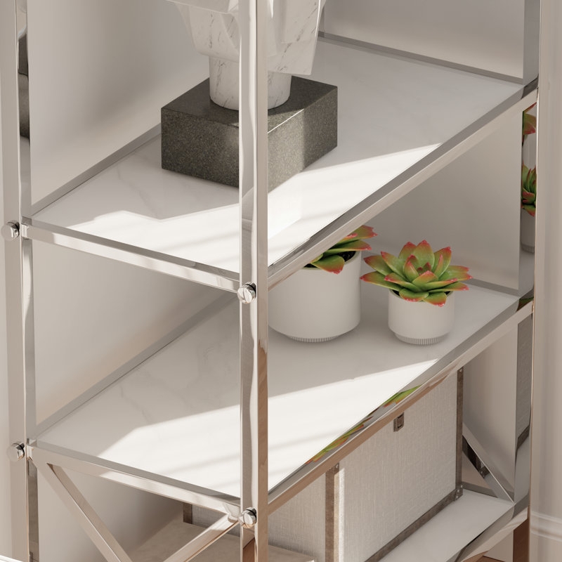 Bookcase Slat Sides Five-Tier Brushed Metallic Industrial Storage