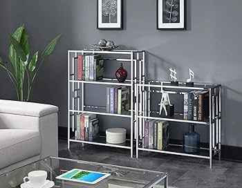 Bookcase, Sleek Four-Tier X-Brace Chrome, Contemporary Glass