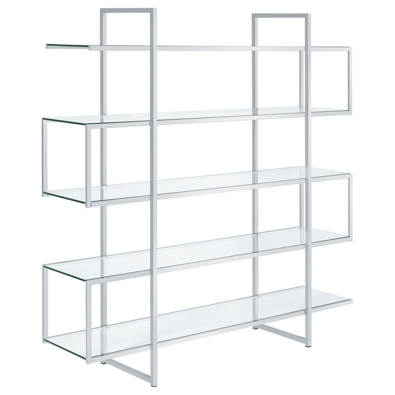 Bookcase Slender Metal Frame Glass Shelves Six-Tier Contemporary Style