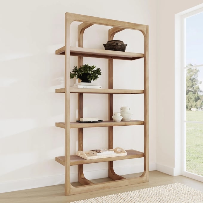 Bookcase Slender Profile Five Tier Natural Wood Organic Style