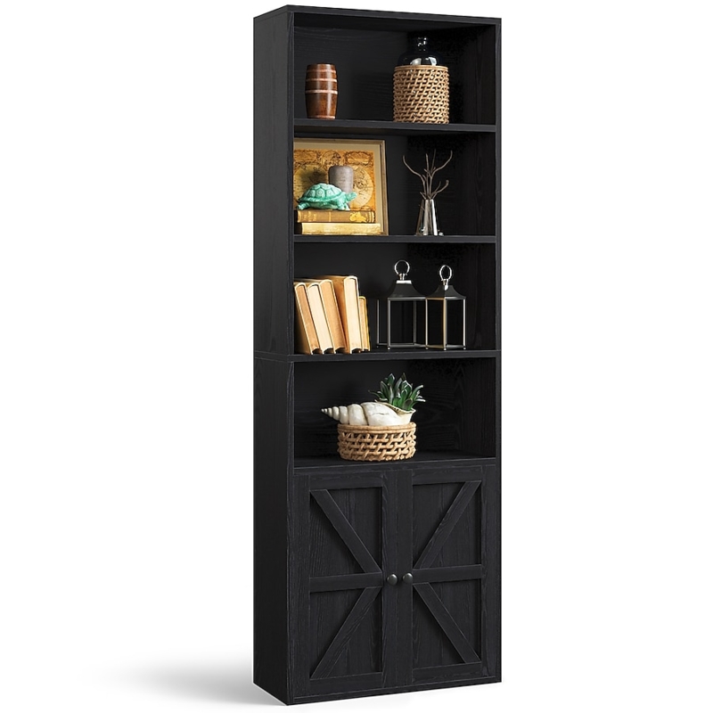 Bookcase Slim Black with Bottom Doors Matte Finish Modern