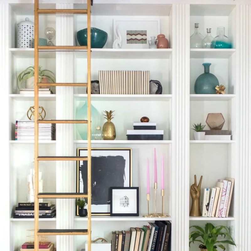 Bookcase Staggered Book Layout Open Back Coastal Transitional Style