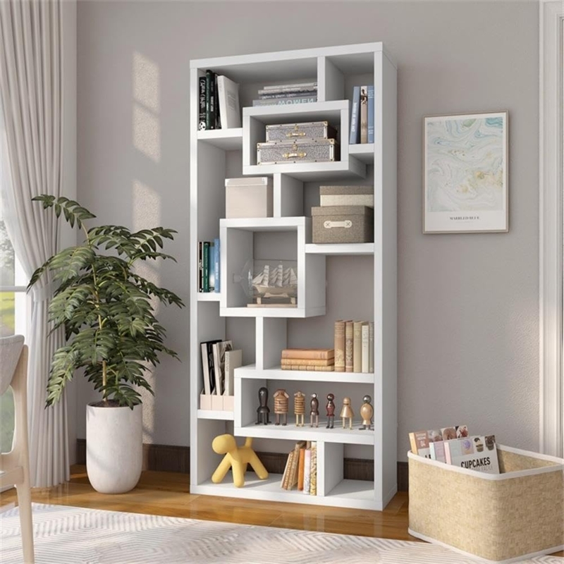 Bookcase, Staggered Shelves, Geometric Silhouette, White