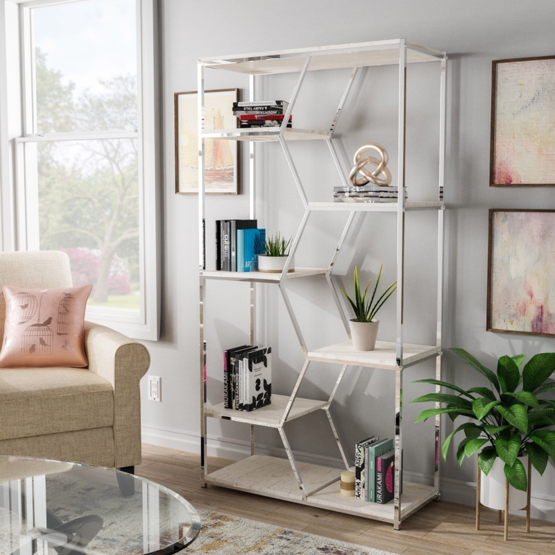 Bookcase, Staggered Shelves Polished Silver, Geometric Open Frame