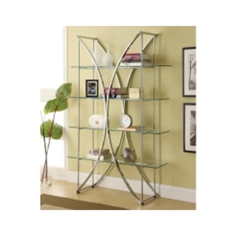 Bookcase, Straight Legs Four-Tier Chrome, Open Glass Shelving